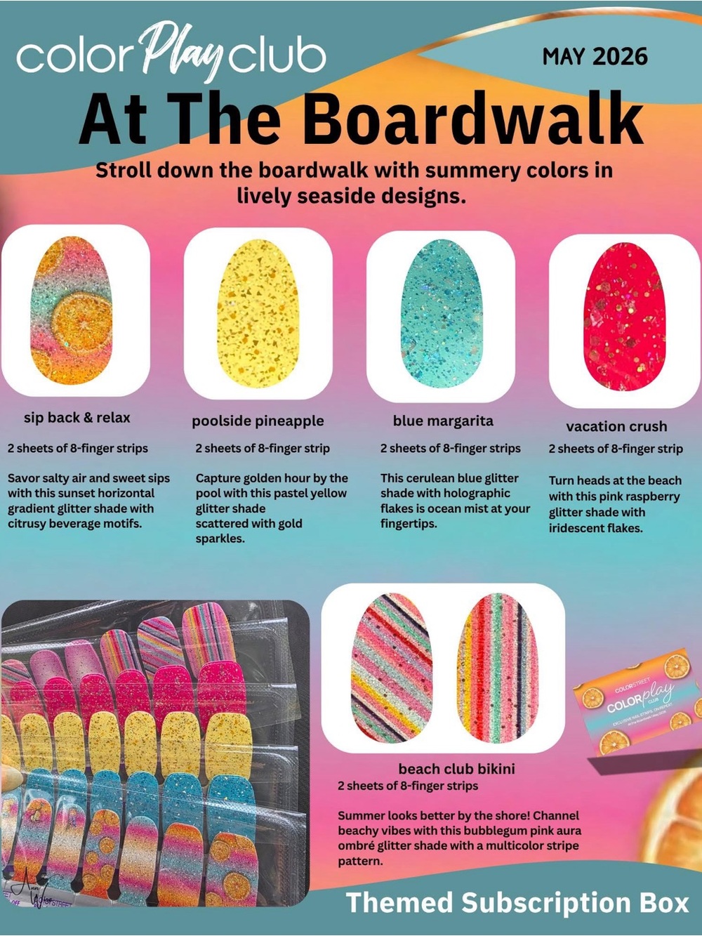 Color Street At The Boardwalk - Pink, Yellow, Blue, Coral Multicolor Nail Strips